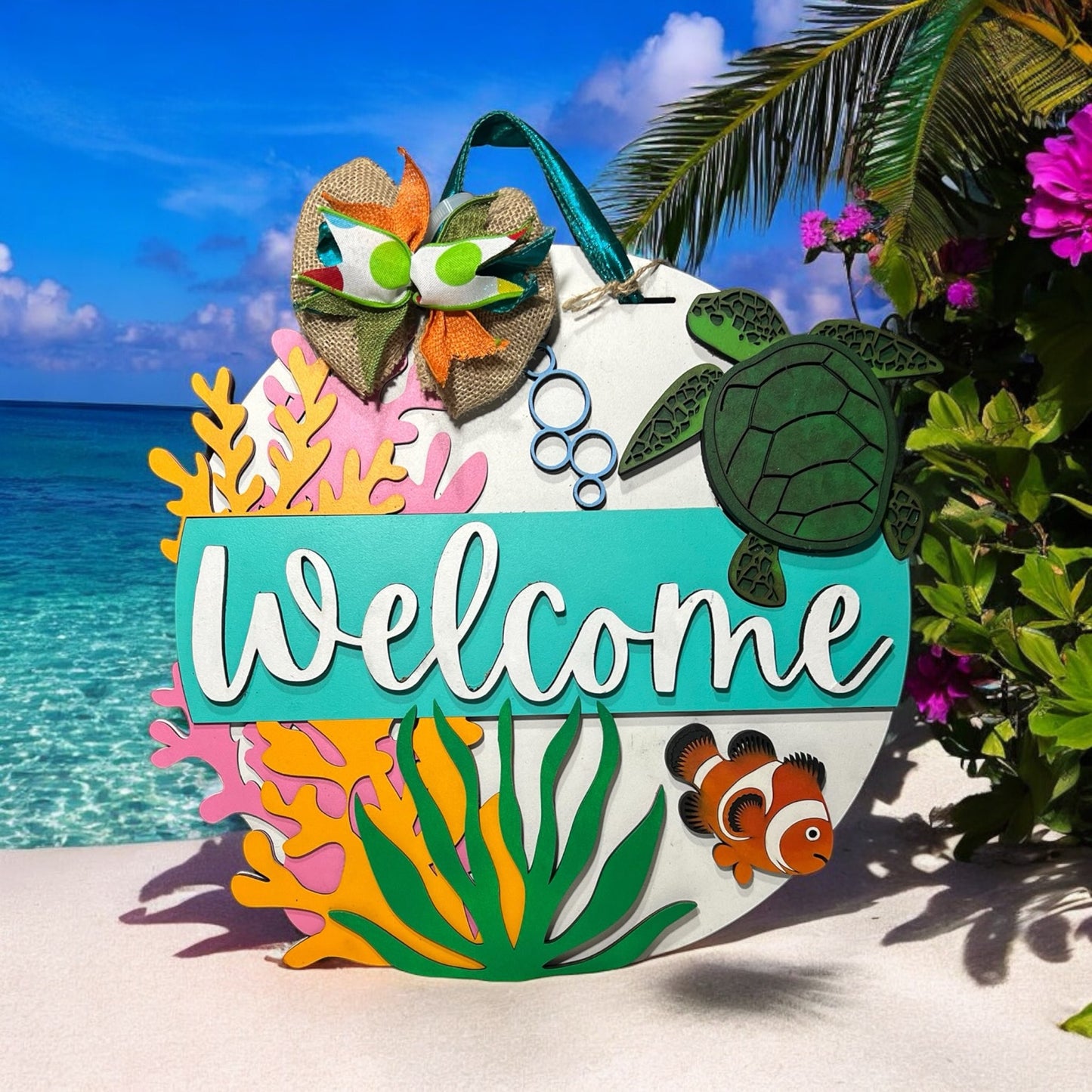 Welcome - Sea Turtle - Clown Fish - Aquarium Hobbyist - Saltwater Aquarium - Door Hanger