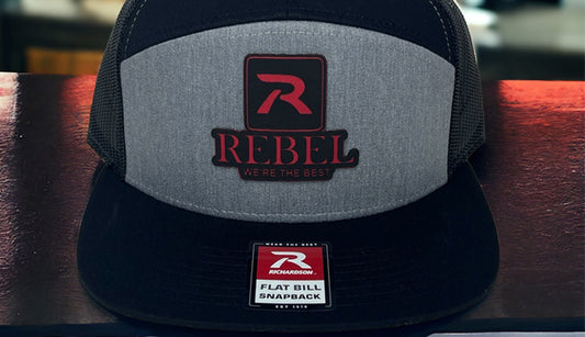 Black And Red Rebel Patch On Black Hat - Richardson 168 Flat Bill