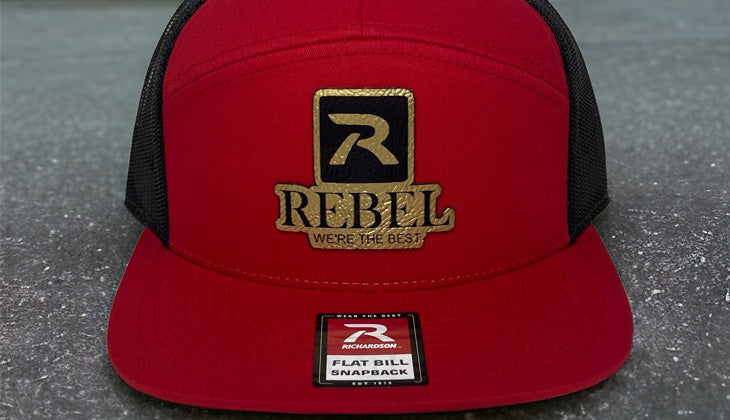 Gold and Black Rebel Patch On Red Hat - Richardson 168 Flat Bill