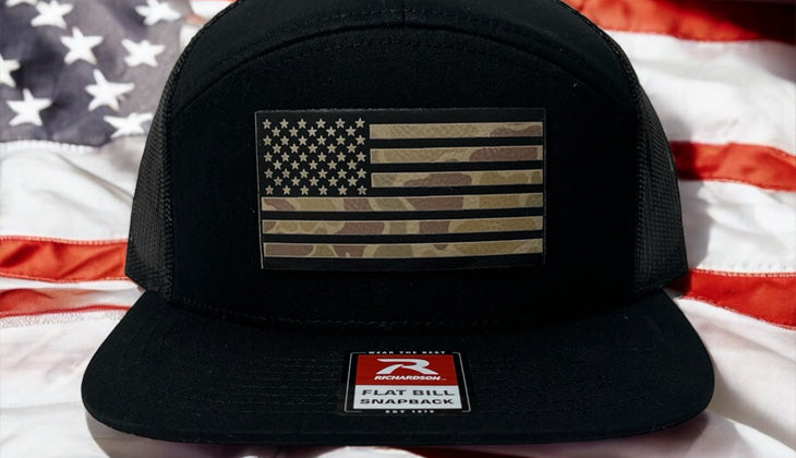 United States of America - America Flag Hat - Black with Duck Camo Patch - Richardson 168 Flat Bill