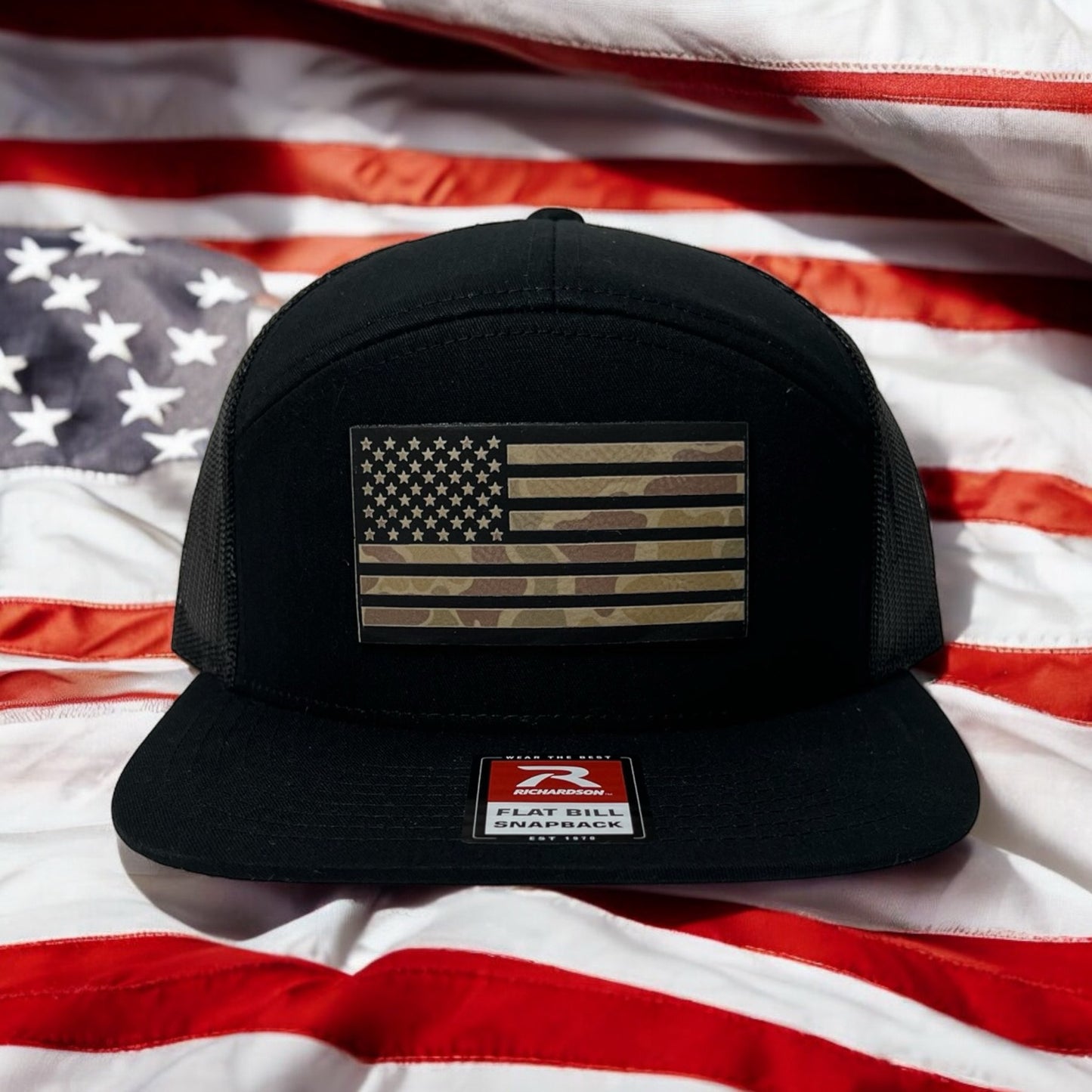 United States of America - America Flag Hat - Black with Duck Camo Patch - Richardson 168 Flat Bill