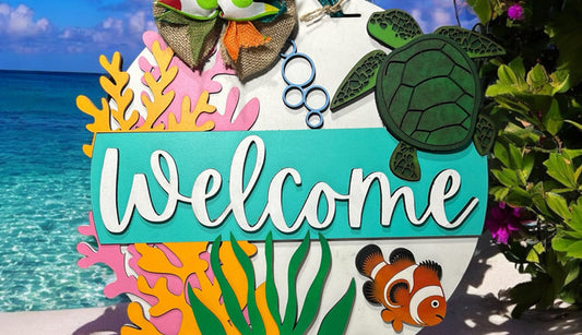 Welcome - Sea Turtle - Clown Fish - Aquarium Hobbyist - Saltwater Aquarium - Door Hanger