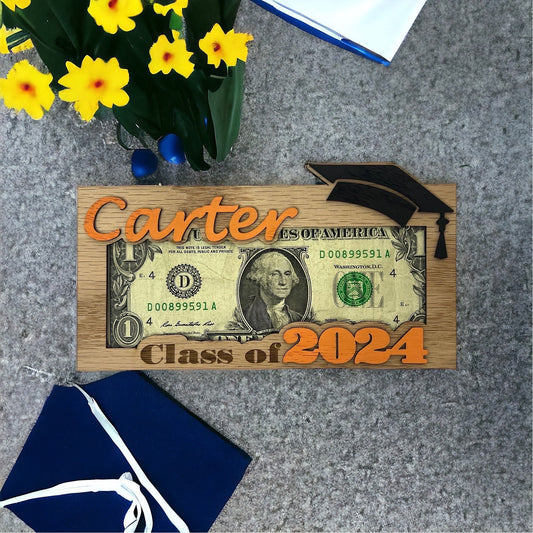 Laser engraved and cut wooden graduation money holder