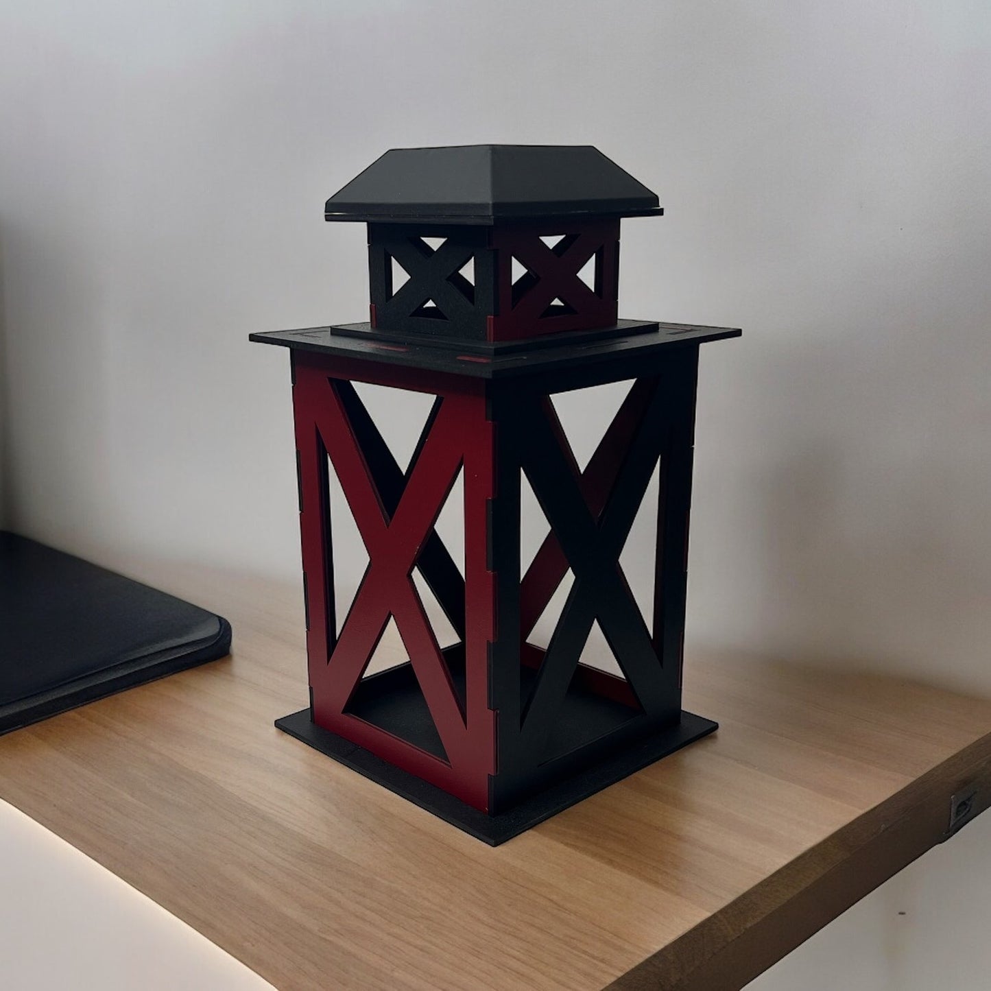 Black and Burgundy - Standard - Solar Powered Lantern  - Cozy Porch Laser Cut Wooden Lantern