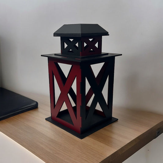 Black and Burgundy - Standard - Solar Powered Lantern  - Cozy Porch Laser Cut Wooden Lantern