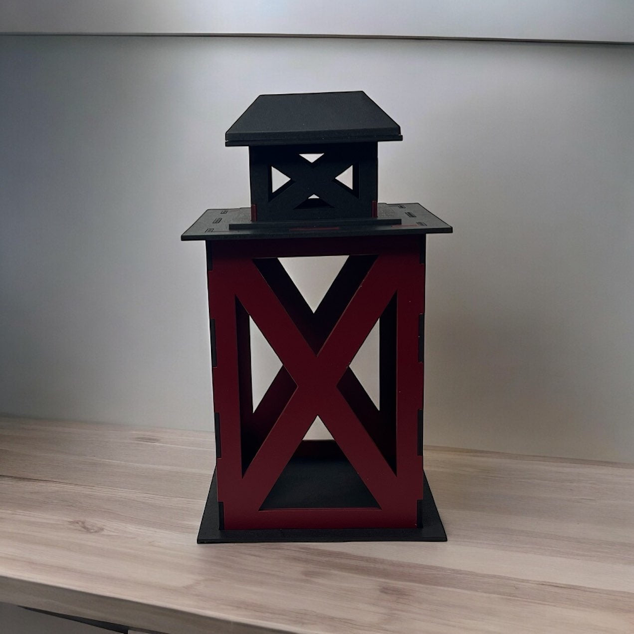 Black and Burgundy - Standard - Solar Powered Lantern  - Cozy Porch Laser Cut Wooden Lantern