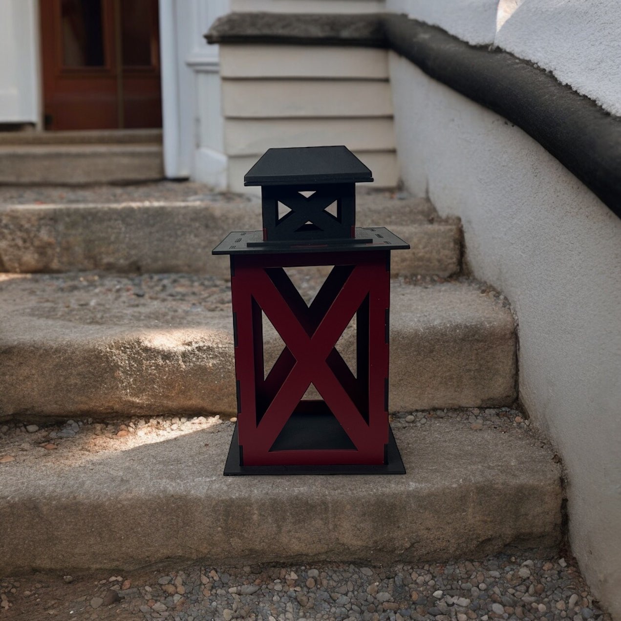 Black and Burgundy - Standard - Solar Powered Lantern  - Cozy Porch Laser Cut Wooden Lantern